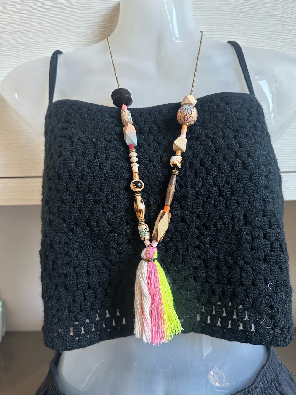 Black Crocheted Crop Top plus Cream, Pink & Yellow Beaded Tassel Necklace😎